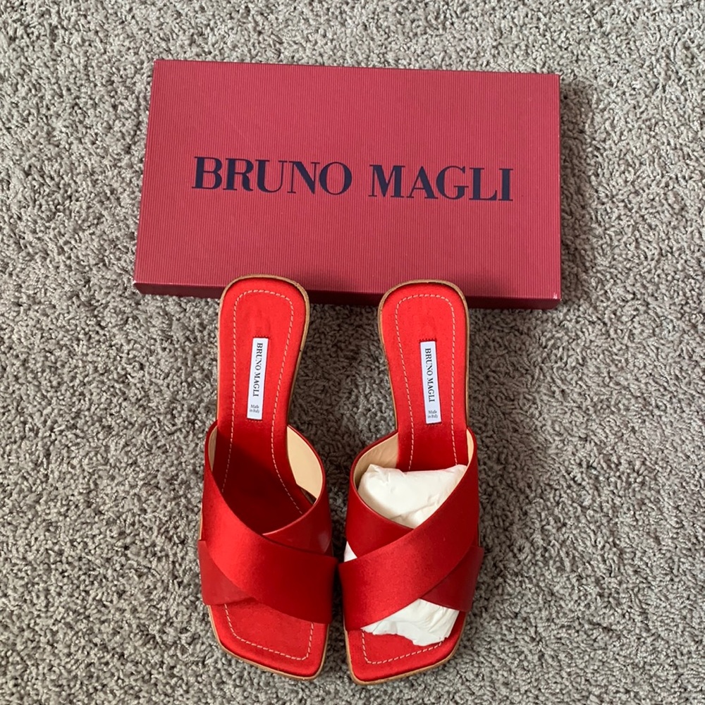 Bruno Magli Red Satin Leather Square Toe Heeled Sandals